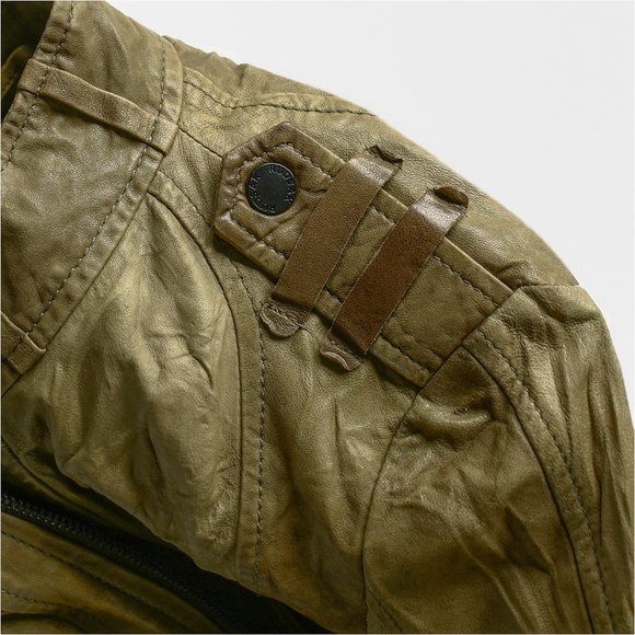 RUDSAK Khaki Crinkled Leather Cropped Moto Jacket Size M MSRP $550 - Picture 6 of 14
